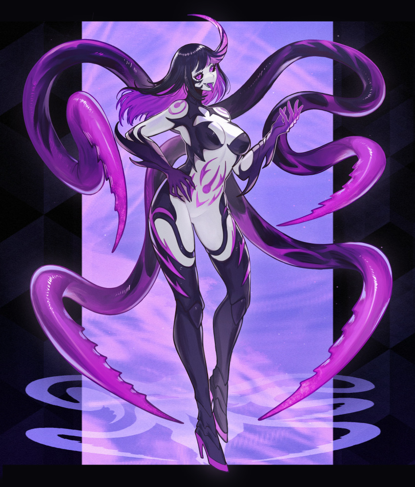 1girl absurdres black_hair black_sclera body_markings colored_sclera colored_skin commission commissioner_upload fangs grey_skin hand_on_own_hip high_heels highres horns monster_girl multicolored_hair non-web_source original purple_eyes purple_hair ruteko_(ruko220) shoko_the_alien single_horn skeb_commission solo tentacles tongue tongue_out