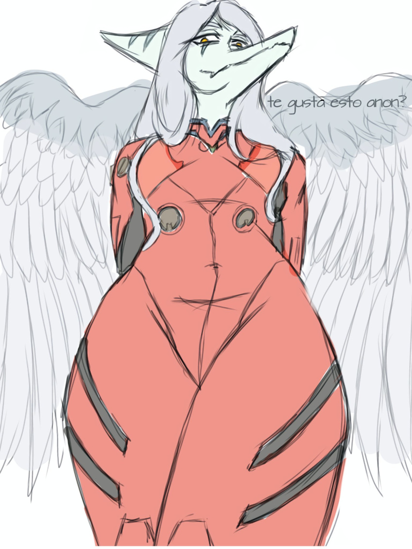 2023 3:4 amber_eyes anthro bodysuit clothing cosplay dark_rya dialogue digital_drawing_(artwork) digital_media_(artwork) dinosaur eyelashes fang_(gvh) feathered_wings feathers female goodbye_volcano_high grey_body grey_scales hair hi_res long_hair looking_at_viewer low-angle_view neon_genesis_evangelion pterodactylus pterosaur reptile scales scalie silver_hair simple_background skinsuit smile snoot_game snout solo spanish_text text tight_clothing translation_check translation_request white_background wings worm's-eye_view