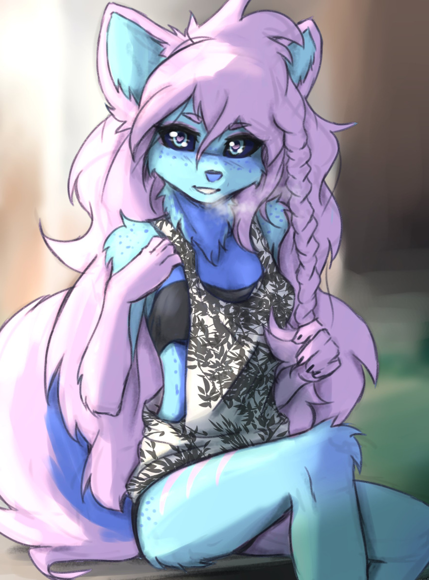 2023 anthro blue_body blue_eyes blue_fur breasts canid canine canis clothed clothing digital_media_(artwork) domestic_dog female female_anthro fur hair hi_res husky kemono kolae_(character) looking_at_viewer mammal neck_tuft nordic_sled_dog pink_body pink_fur pink_hair small_breasts solo spitz tail tinygaypirate tuft