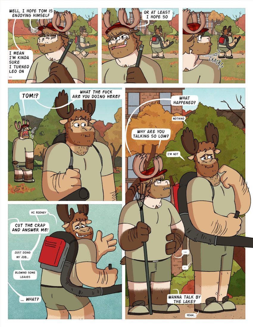 anthro antlers arm_hair autumn beard body_hair capreoline chest_tuft clothed clothing comic deer dialogue facial_hair forest fully_clothed hat headgear headwear hi_res horn leaf leaf_blower male mammal moose nardodraws park plant rake rodney_(nardodraws) runny_nose size_difference sound_effects speech_bubble tom_(nardodraws) tools tree tuft yelling