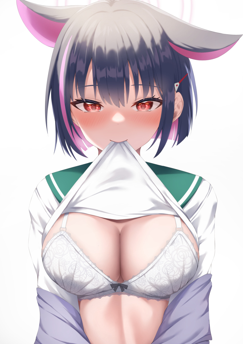 1girl animal_ears black_bow black_hair blue_archive blush bob_cut bow bow_bra bra breasts cat_ears cleavage closed_mouth clothes_lift colored_inner_hair commentary_request floral_print green_sailor_collar hair_behind_ear hair_ornament hairclip halo highres jacket jacket_partially_removed kazusa_(blue_archive) lace-trimmed_bra lace_trim large_breasts lifted_by_self linea_alba long_sleeves looking_at_viewer medium_hair mouth_hold multicolored_hair pink_hair pink_halo print_bra purple_jacket raised_eyebrows red_eyes sailor_collar school_uniform serafuku shirt_lift simple_background smile solo streaked_hair tatsumiya_kagari two-tone_hair underwear upper_body white_background white_bra white_serafuku