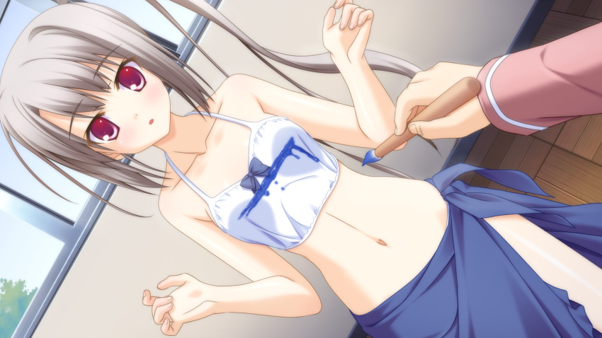 1girl blush bra canvas_4 grey_hair highres hitose_satsuki looking_at_viewer red_eyes underwear white_bra window