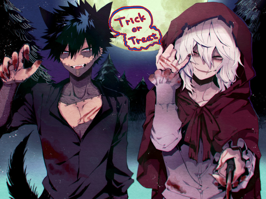 2boys animal_ears anoko_(darenokoanoko) black_hair black_shirt blood blood_on_clothes blood_on_hands blue_eyes boku_no_hero_academia burn_scar cheek_piercing cloak dabi_(boku_no_hero_academia) full_moon highres holding holding_knife hood hood_up hooded_cloak knife male_focus medium_hair moon multiple_boys multiple_scars night night_sky outdoors red_cloak red_eyes scar scar_on_face shigaraki_tomura shirt sky speech_bubble spiked_hair staple stapled tail tree trick_or_treat white_hair wolf_boy wolf_ears wolf_tail wrinkled_skin