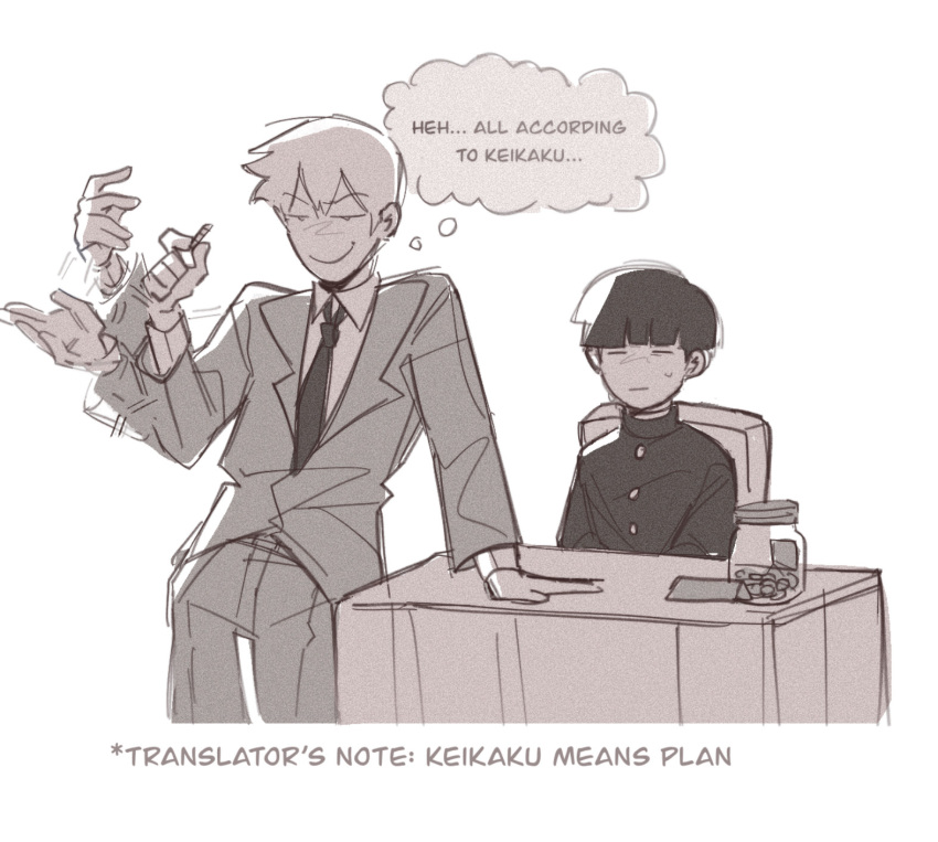 2boys arm_support blunt_bangs bowl_cut closed_eyes closed_mouth commentary english_commentary english_text formal gakuran greyscale hand_up highres jar just_as_planned_(meme) kageyama_shigeo long_sleeves male_focus meme mob_psycho_100 monochrome mp100days multiple_boys necktie pants reigen_arataka school_uniform short_hair simple_background sitting smile standing suit table thought_bubble tip_jar white_background