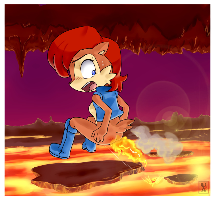 anthro archie_comics blue_boots blue_clothing blue_footwear blue_topwear blue_vest blush bodily_fluids boots brown_body brown_fur burning butt butt_on_fire cave chipmunk clothing digital_media_(artwork) female fire footwear fur ground_squirrel hair hand_on_butt hi_res lava looking_back mammal open_mouth pain pequedark-velvet red_hair rodent sally_acorn sciurid scut_tail sega short_tail solo sonic_the_hedgehog_(archie) sonic_the_hedgehog_(comics) sonic_the_hedgehog_(series) sweat sweatdrop tail topwear vest wide_eyed