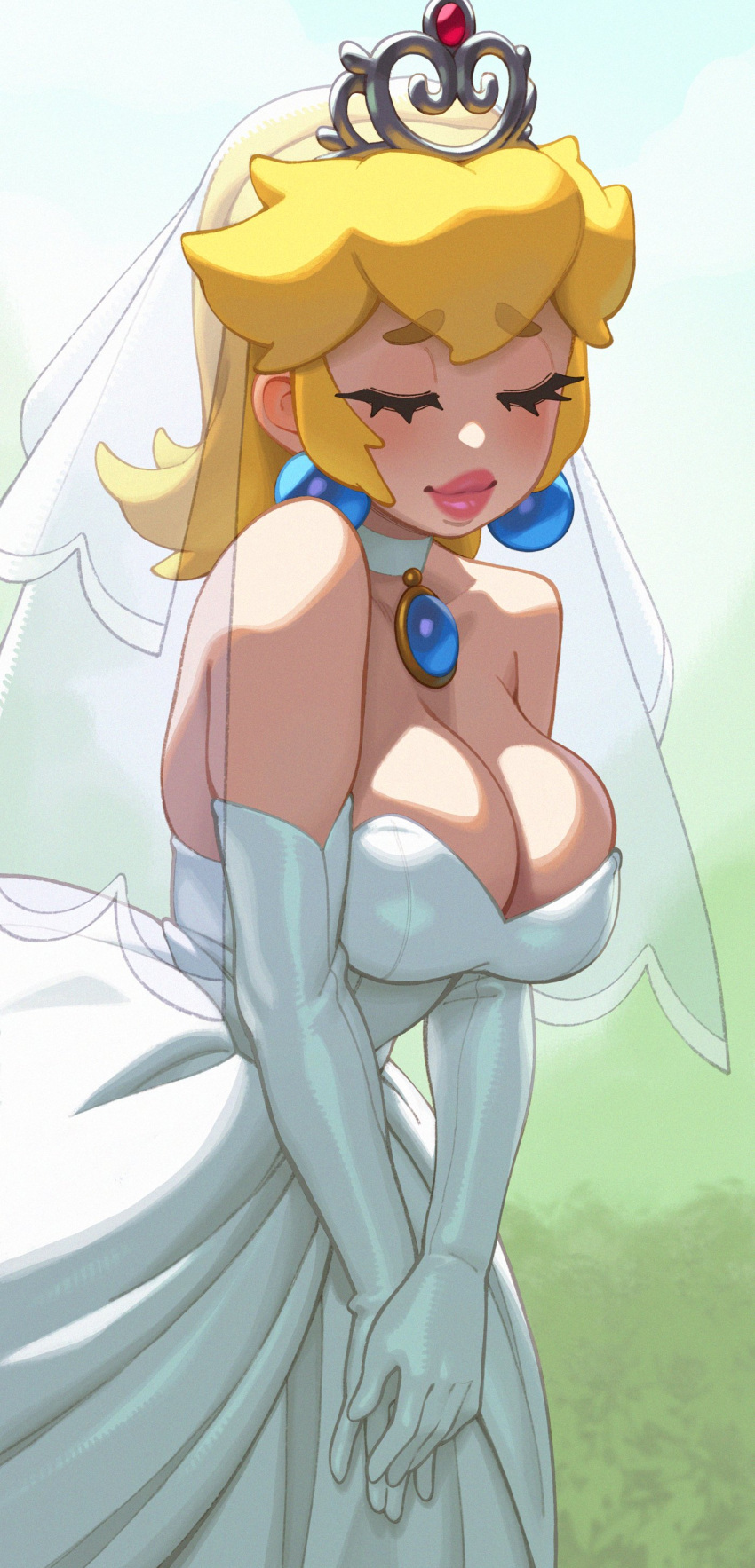 1girl absurdres alternate_breast_size alternate_eyebrows blonde_hair blush breasts closed_eyes crown dress earrings elbow_gloves gloves highres jewelry large_breasts long_hair mario_(series) multiple_girls official_alternate_costume official_alternate_hairstyle ponytail princess_peach riz smile solo super_mario_odyssey thick_eyebrows wedding_dress white_gloves