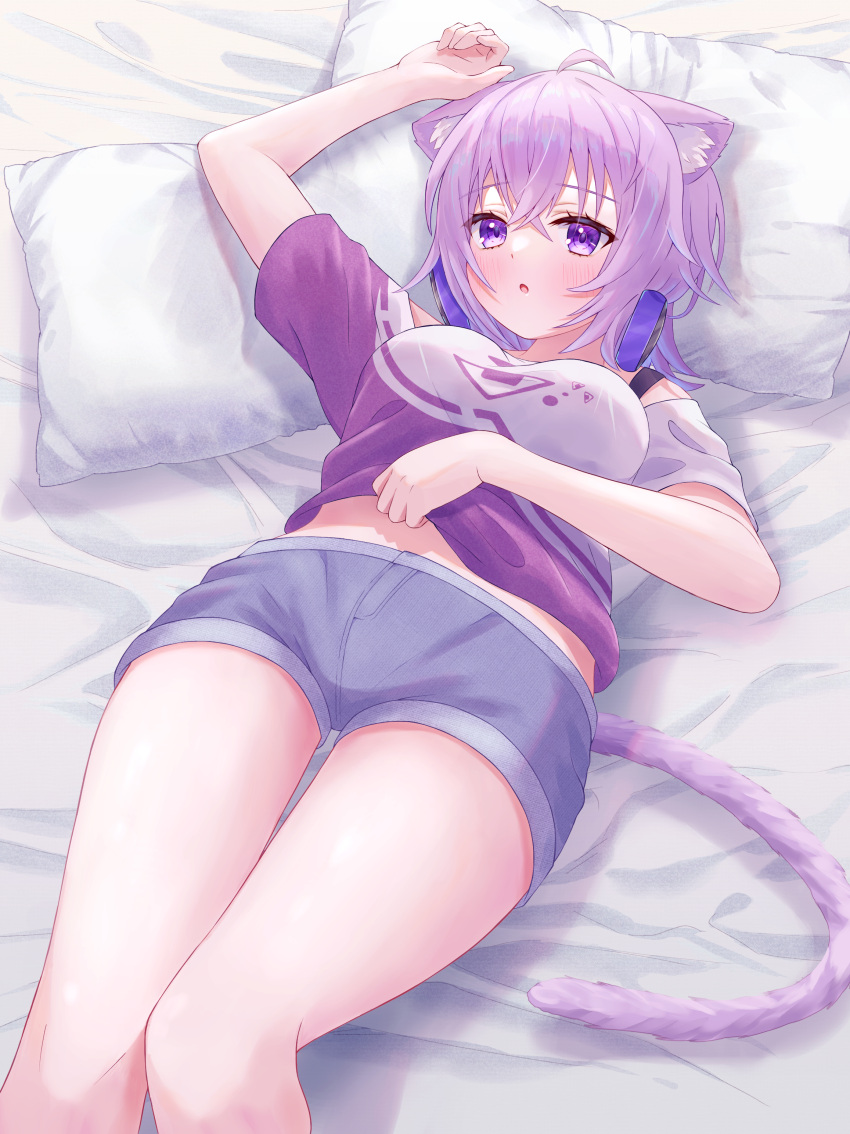 1girl absurdres ahoge animal_ear_fluff animal_ears arm_above_head bed_sheet blue_shorts blush breasts cat_ears cat_girl cat_tail clothes_lift commentary_request crossed_bangs eyelashes hair_between_eyes head_on_pillow headphones headphones_around_neck highres hololive large_breasts lifted_by_self looking_at_viewer nekomata_okayu on_bed open_mouth purple_eyes purple_hair purple_shirt purple_tail shirt shirt_lift short_hair short_sleeves shorts solo tail thigh_gap thighs togemaru34 two-tone_shirt virtual_youtuber white_shirt