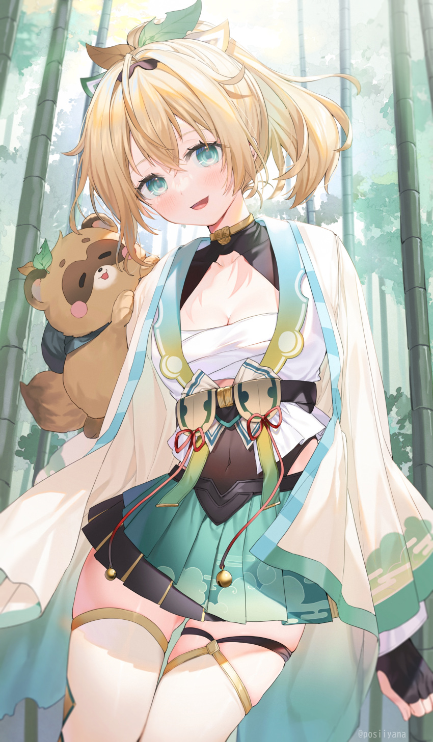 1girl absurdres bamboo bamboo_forest black_gloves blonde_hair blue_eyes breasts chest_sarashi cleavage collarbone commentary_request fingerless_gloves forest gloves green_skirt hair_between_eyes hair_ornament highres hololive kazama_iroha leaf_hair_ornament looking_at_viewer medium_breasts nature open_mouth outdoors pleated_skirt ponytail sarashi short_hair skirt smile virtual_youtuber yana_mori