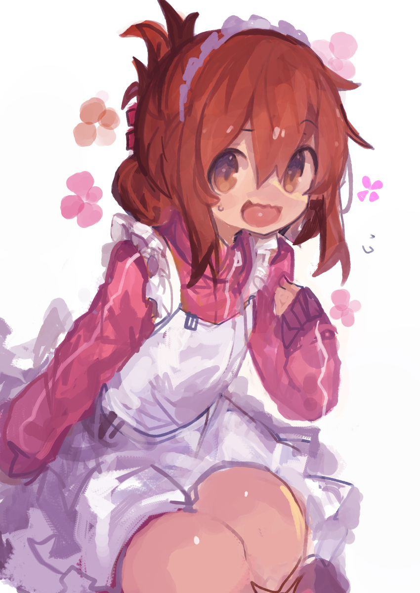 1girl absurdres alternate_costume apron brown_eyes brown_hair dress enmaided folded_ponytail hair_between_eyes highres inazuma_(kancolle) kaamin_(mariarose753) kantai_collection long_hair long_sleeves maid maid_apron open_mouth pink_dress simple_background solo white_apron white_background