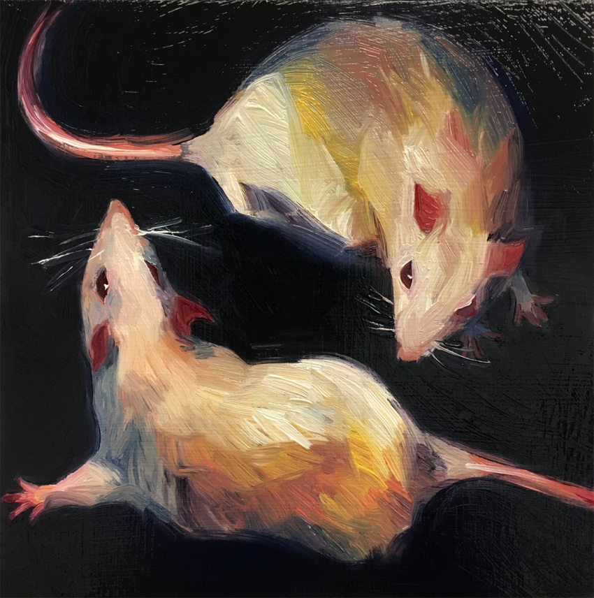 animal animal_focus black_background emily_tao highres mouse no_humans oil_painting_(medium) original painting_(medium) red_eyes traditional_media white_fur