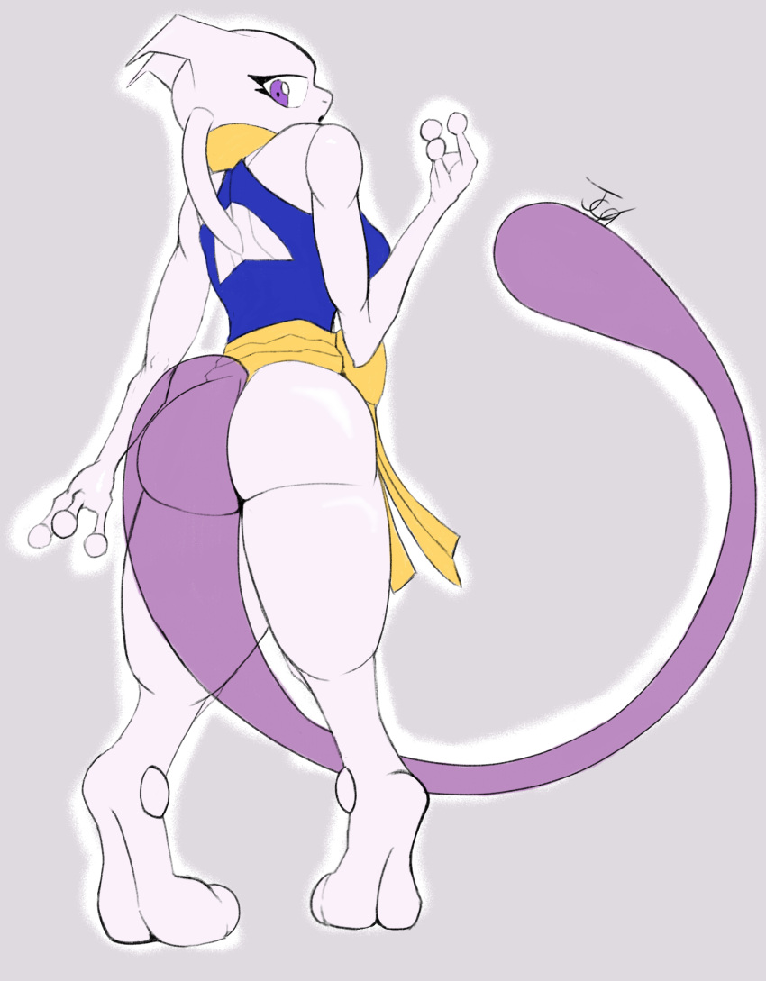 ambiguous_gender anthro asian_clothing butt chinese_clothing clothing digital_media_(artwork) east_asian_clothing female generation_1_pokemon hi_res holowear_(pokemon) legendary_pokemon looking_back mammal martial_arts_style_mewtwo mewtwo nintendo pokemon pokemon_(species) pokemon_unite simple_background solo tail tcg_(artist) thick_thighs wide_hips