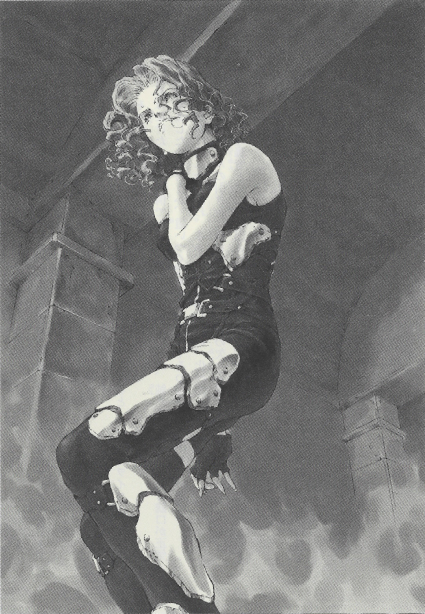 1girl absurdres beryl_(devil_may_cry) black_bodysuit bodysuit ceiling devil_may_cry_(series) devil_may_cry_2_(novel) fingerless_gloves fog from_below gloves hand_on_own_shoulder highres kosumi_yuuchi monochrome non-web_source official_art pillar scan short_hair wall wavy_hair