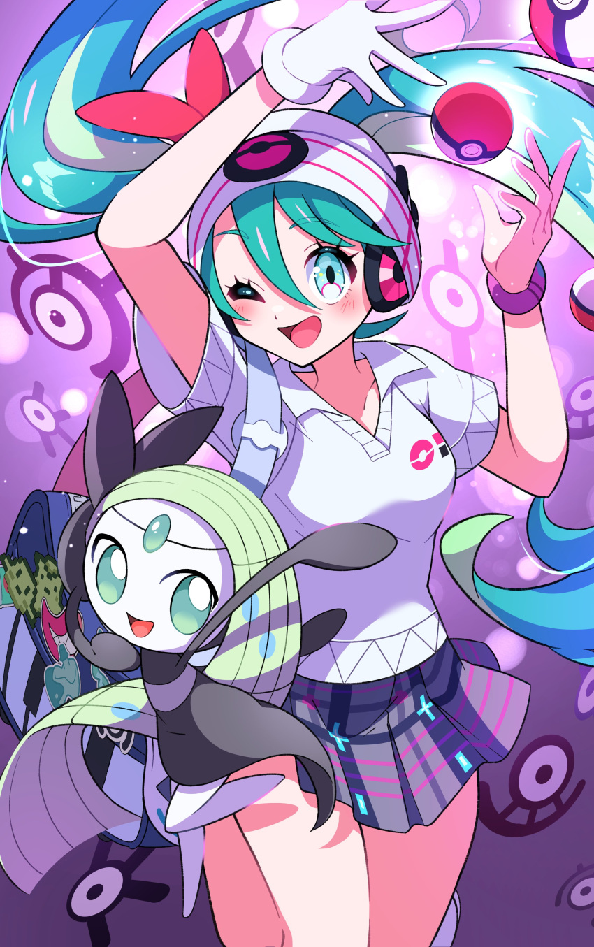 1girl ;d absurdres blush bracelet collared_shirt commentary_request eyelashes gloves green_eyes green_hair hair_between_eyes hatsune_miku highres jewelry long_hair meloetta one_eye_closed open_mouth poke_ball poke_ball_(basic) pokemon pokemon_(creature) pon_yui project_voltage purple_background shirt short_sleeves skirt smile tongue twintails unown vocaloid white_gloves white_shirt