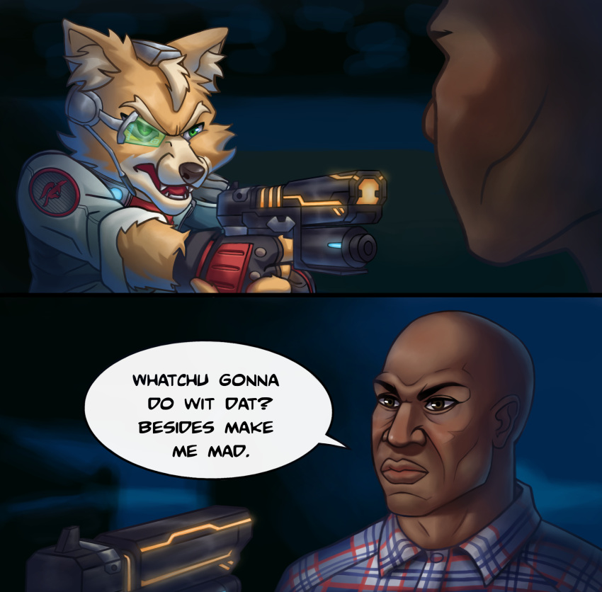 absurd_res aiming_weapon angry anthro bald blaster brown_body brown_eyes brown_fur canid canine clothing comic deebo_(friday) dialogue duo english_text fangs flannel_shirt flaviomodezto fox fox_mccloud friday_(movie) frown fur furrowed_brow gloves green_eyes growling handwear hi_res human jacket male mammal night nintendo outside scowl speech_bubble star_fox star_fox_symbol staredown teeth text threatening topwear weapon