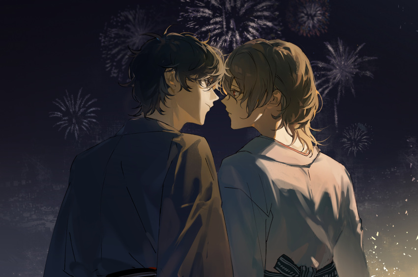 2boys akechi_gorou amamiya_ren bishounen black_hair brown_hair couple fireworks highres japanese_clothes kimono male_focus multiple_boys night night_sky nona1010 persona persona_5 short_hair sky upper_body yaoi yukata