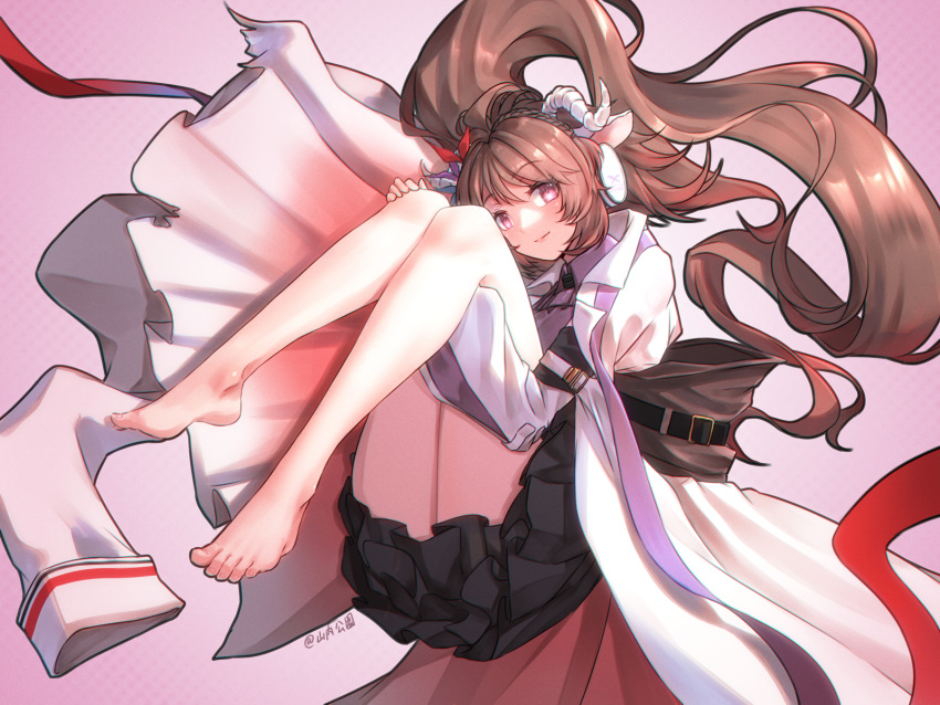 1girl animal_ears arknights artist_name barefoot black_skirt brown_hair coat collared_shirt eyjafjalla_(arknights) feet full_body hair_ornament hands_up head_tilt highres horns invisible_chair knees_together_feet_apart knees_up legs long_hair long_legs paid_reward_available pink_background pink_eyes ponytail purple_shirt shadow sheep_ears sheep_girl sheep_horns shirt sidelocks sitting skirt soles solo thighs toenails toes very_long_hair white_coat yamauchi_(conan-comy)