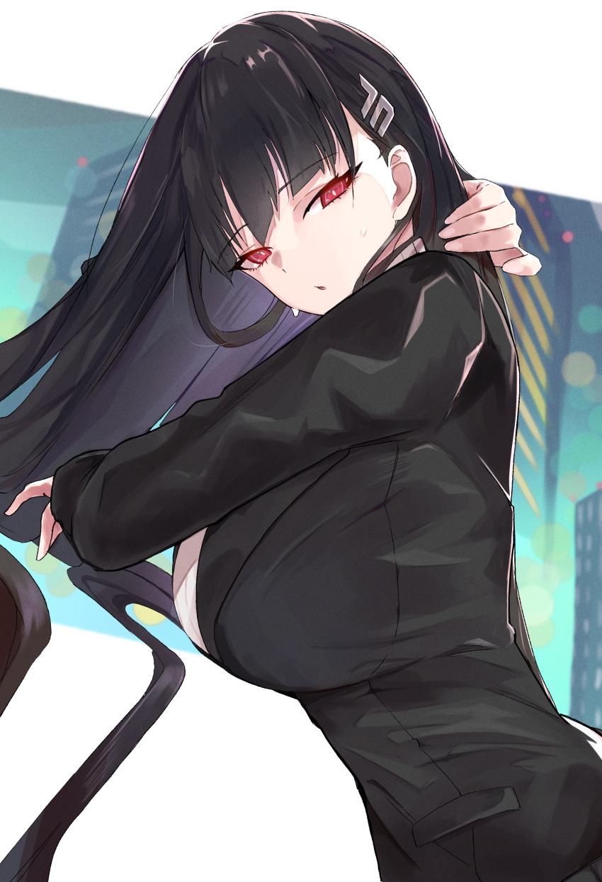 1girl absurdres adjusting_hair black_hair black_jacket blue_archive breasts bright_pupils chankuro hair_ornament hairclip highres jacket large_breasts long_hair looking_at_viewer red_eyes rio_(blue_archive) solo sweat very_long_hair white_pupils