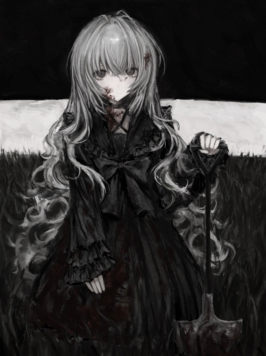 1girl blood blood_on_face bow chan8016 collared_dress dress empty_eyes expressionless field frilled_shirt_collar frilled_sleeves frills grass grey_eyes highres holding holding_shovel long_hair long_sleeves looking_at_viewer original outdoors shovel solo very_long_hair white_hair