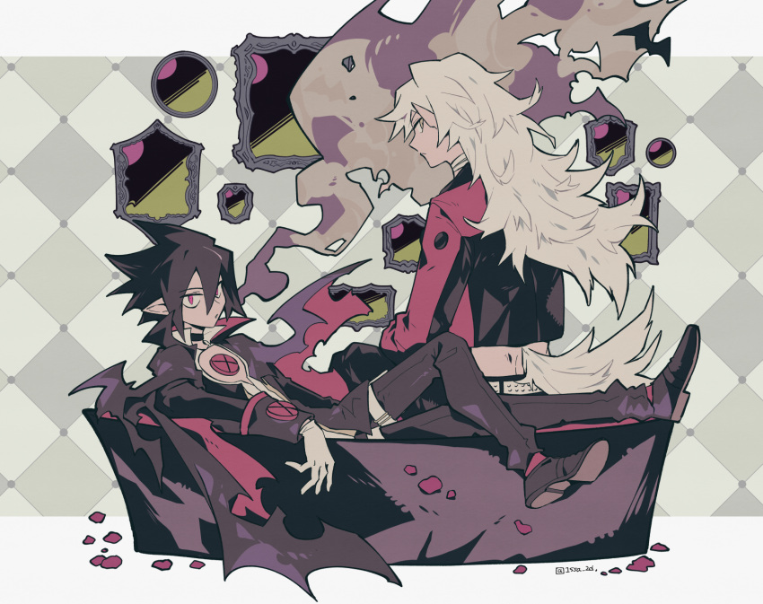 2boys bat_(animal) brown_footwear brown_hair brown_pants disgaea fenrich_(disgaea) highres issa_(sorako45) long_hair lying makai_senki_disgaea_4 multiple_boys on_back pants pointy_ears poster_(object) sitting tail valvatorez_(disgaea)