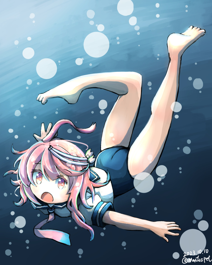 1girl absurdres ahoge aoba_(akibajun) blue_one-piece_swimsuit blue_sailor_collar dated freediving full_body hair_ornament highres i-58_(kancolle) kantai_collection neckerchief no_pants one-piece_swimsuit pink_eyes pink_hair pink_neckerchief sailor_collar sailor_shirt school_swimsuit school_uniform serafuku shirt short_hair solo swimsuit swimsuit_under_clothes twitter_username underwater