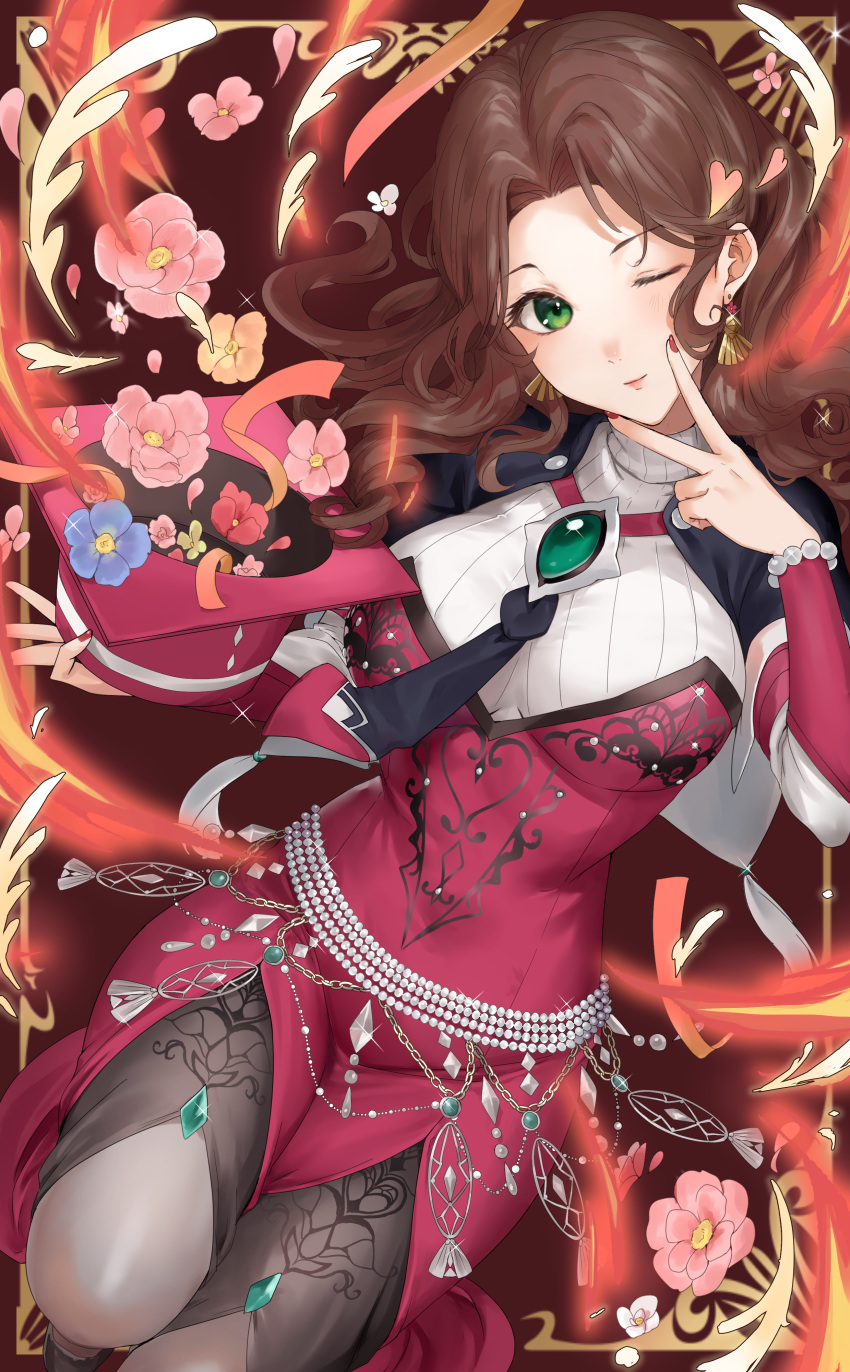 1girl absurdres breasts brown_hair commission commissioner_upload dorothea_arnault fire_emblem fire_emblem:_three_houses fire_emblem_cipher flower green_eyes haru_(nakajou-28) hat highres large_breasts looking_at_viewer official_alternate_costume one_eye_closed skeb_commission v