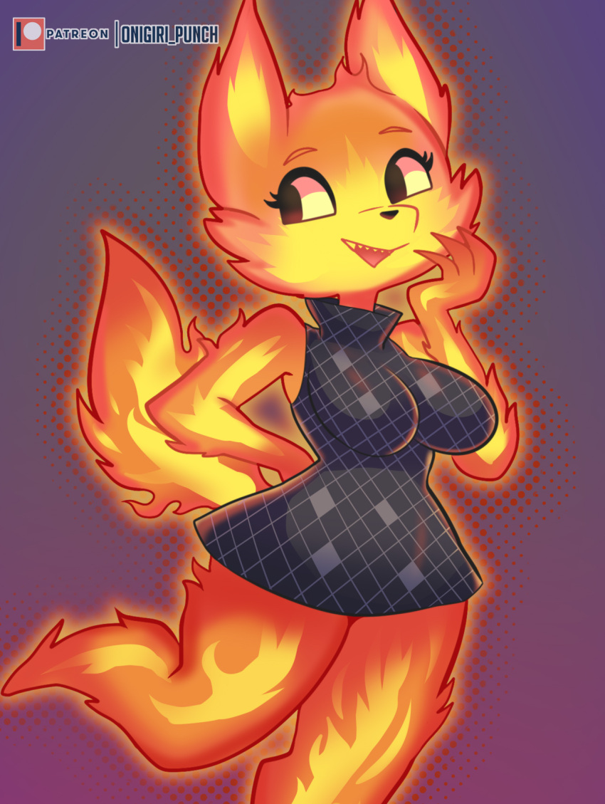 anthro big_breasts black_nose breasts canid canine claws clothed clothing digital_media_(artwork) disney dress elemental_(pixar) elemental_creature ember_lumen female fingers fire fire_creature flaming_hair flaming_tail fox hi_res looking_back mammal onigiri_punch open_mouth pixar pseudo_hair sharp_teeth simple_background smile solo tail teeth tongue