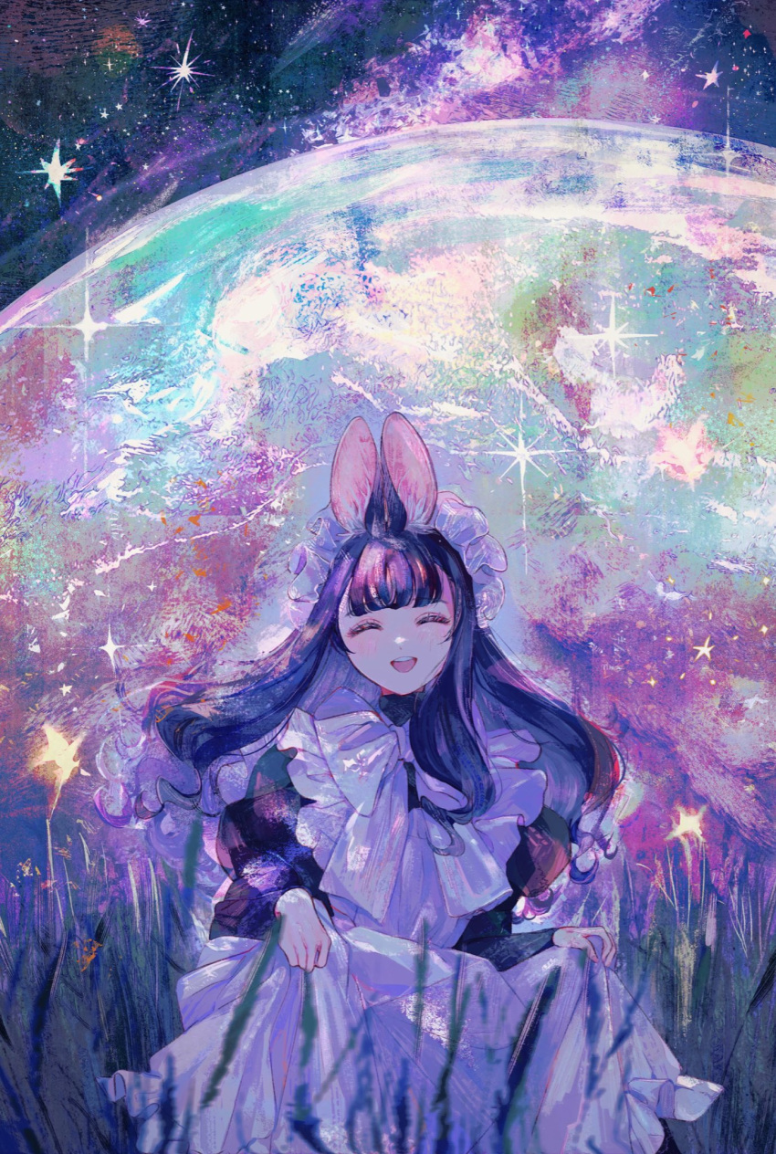 1girl animal_ears apron black_hair blunt_bangs bow closed_eyes clothes_lift facing_viewer frills grass highres jamu_(yakinikuoi4) long_hair maid maid_apron maid_headdress moon moonlight night night_sky open_mouth original outdoors rabbit_ears sidelocks skirt skirt_lift sky smile solo star_(sky) starry_sky tall_grass white_bow