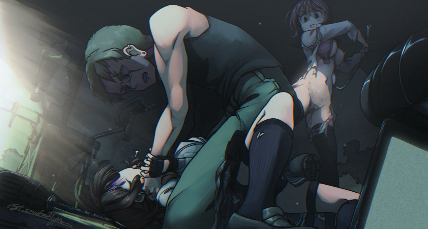 1boy 2girls abandoned after_rape angry black_hair black_tank_top black_thighhighs blood bra breasts censored clenched_teeth commission dark defloration dirty drill ear_piercing earrings green_hair green_pants highres industrial_pipe injury jewelry kneeling mosaic_censoring multiple_girls navel nipples original panties panties_around_one_leg pants piercing purple_bra purple_hair scar scar_across_eye shirt shoes signature skirt snake21jpn socks standing strangling sunlight tank_top teeth thighhighs tongue tongue_out torn_clothes torn_shirt underwear wide-eyed