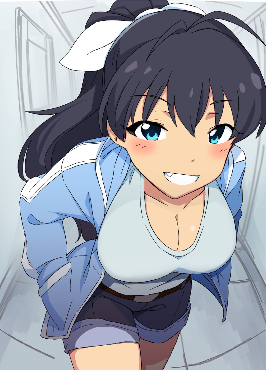 1girl absurdres antenna_hair belt black_belt black_hair blue_eyes blue_jacket blue_shirt blue_shorts blush bow breasts ceiling cleavage collarbone cowboy_shot dot_nose fang fisheye ganaha_hibiki grey_background grin hair_bow hair_ribbon hand_in_pocket highres idolmaster idolmaster_(classic) idolmaster_million_live! idolmaster_million_live!_theater_days indoors jacket leaning_forward long_hair long_sleeves looking_at_viewer medium_breasts momo_no_suidou-sui open_clothes open_jacket open_mouth ponytail ribbon shirt shorts smile solo standing tile_floor tiles white_ribbon window