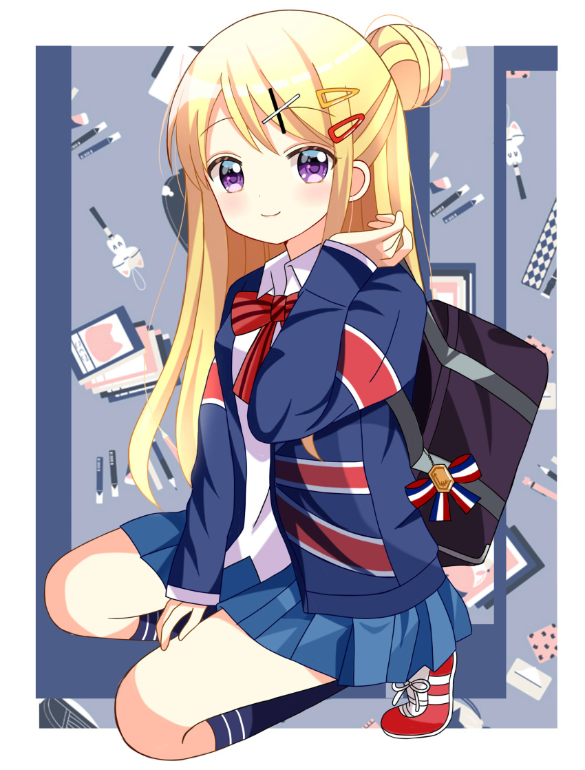 1girl absurdres bag blonde_hair blue_jacket blue_skirt blue_socks bow closed_mouth collared_shirt commentary_request flag_print full_body hair_bun hair_ornament hairclip hand_up highres jacket kin-iro_mosaic kneehighs kujou_karen long_hair long_sleeves looking_at_viewer open_clothes open_jacket pleated_skirt print_jacket purple_eyes red_bow red_footwear ryoutan school_bag shirt shoes skirt sleeves_past_wrists smile socks solo squatting striped striped_bow tiptoes union_jack very_long_hair white_shirt