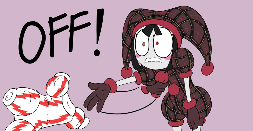 1girl absurdres angry annoyed biting black_hair blunt_bangs blush_stickers bodysuit brown_bodysuit brown_gloves clenched_teeth clothes_grab constricted_pupils desperation gloves hat hat_bell highres hm_artist hunched_over jester jester_cap lip_biting motion_lines plaid_bodysuit plaid_sash pom_pom_(clothes) pomni_(the_amazing_digital_circus) puffy_short_sleeves puffy_sleeves short_sleeves solo teeth the_amazing_digital_circus two-tone_eyes undressing unworn_clothes wide-eyed