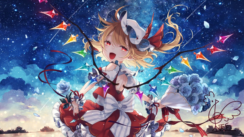 1girl blonde_hair blush crystal fangs flandre_scarlet frilled_skirt frills hat long_hair mob_cap one_side_up open_mouth red_eyes red_skirt red_vest skirt smile solo touhou toutenkou vest white_headwear wings wrist_cuffs