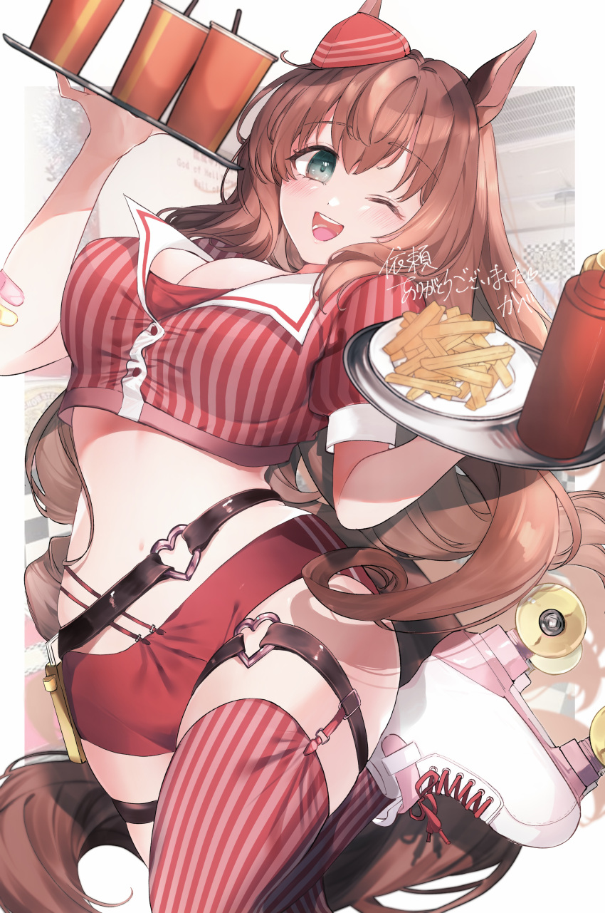 1girl absurdres alternate_costume animal_ears aqua_eyes bandaid bandaid_on_arm belt border breasts brown_belt cleavage commentary_request cropped_shirt cup disposable_cup drink drinking_straw food french_fries garter_straps hair_between_eyes heart_o-ring highres holding holding_food holding_tray horse_ears horse_girl horse_tail kabechizu large_breasts looking_at_viewer maruzensky_(umamusume) midriff navel notepad one_eye_closed open_mouth photo_background puffy_short_sleeves puffy_sleeves red_hair red_shorts roller_skates short_shorts short_sleeves shorts skates smile solo striped striped_thighhighs tail thigh_strap thighhighs tilted_headwear translation_request tray umamusume vertical-striped_thighhighs vertical_stripes waitress white_border white_footwear