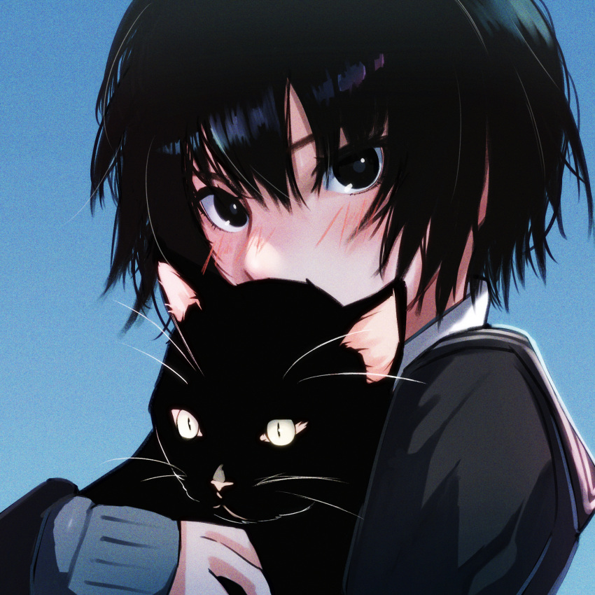 1girl amagami animal black_cat black_eyeliner black_hair black_jacket black_sailor_collar blue_background blush cat close-up collared_shirt covering_mouth dress_shirt eyelashes film_grain grey_sweater hair_between_eyes highres holding holding_animal holding_cat jacket kibito_high_school_uniform long_sleeves looking_at_viewer messy_hair nanasaki_ai nose_blush oshizu portrait puu_(amagami) sailor_collar school_uniform shirt short_hair solo sweater white_shirt