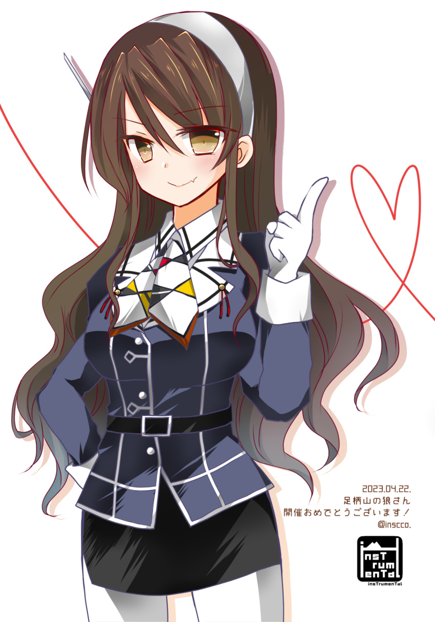 1girl artist_logo ashigara_(kancolle) ashigara_kai_ni_(kancolle) blush breasts brown_eyes brown_hair cowboy_shot dated fake_horns gloves hair_between_eyes hairband highres horned_headwear horns insuto jacket kantai_collection long_hair long_sleeves looking_at_viewer medium_breasts military military_uniform multicolored_ascot multicolored_neckerchief neckerchief pantyhose pencil_skirt print_neckerchief purple_jacket skirt smile solo twitter_username uniform wavy_hair white_gloves white_hairband white_pantyhose