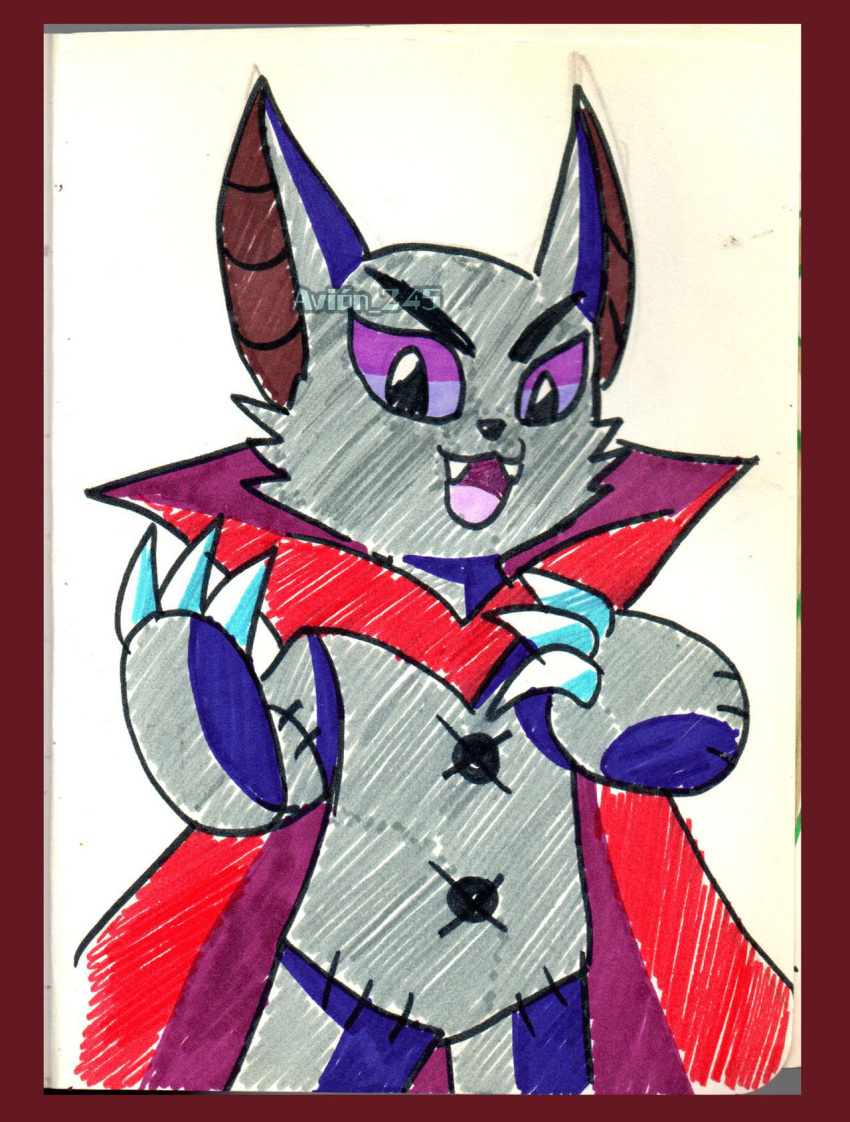 2023 animate_inanimate anthro avion245 ayupan_x_bloody_bunny bat bloody_bunny_(series) claws doll fangs grey_body hi_res leaf-nosed_bat looking_at_viewer male mammal microbat purple_eyes simple_background solo stitch_(sewing) tagme teeth vampire_bat vampire_lord_(ayupan_x_bloody_bunny) watermark white_background yangochiropteran