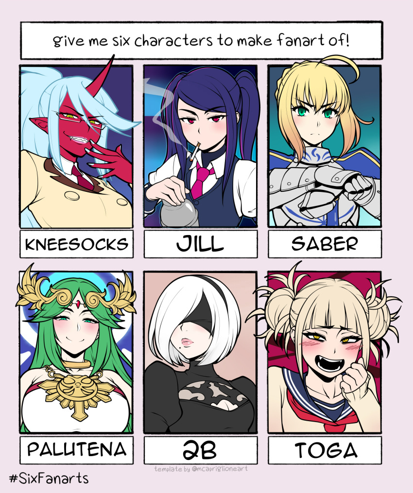 6+girls armor artoria_pendragon_(fate) blonde_hair blush boku_no_hero_academia character_name colored_skin demon_girl english_text fate_(series) green_eyes green_hair highres horns jam-orbital jill_stingray kid_icarus kneesocks_(psg) looking_at_viewer multiple_drawing_challenge multiple_girls nier:automata nier_(series) palutena panty_&amp;_stocking_with_garterbelt purple_hair red_eyes red_skin saber six_fanarts_challenge smoking toga_himiko twintails upper_body va-11_hall-a white_hair yorha_no._2_type_b