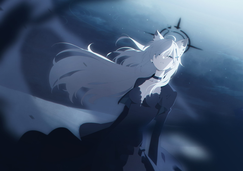 1girl animal_ear_fluff animal_ears artist_request black_choker black_dress blue_archive blue_eyes broken_halo choker cross_hair_ornament dark_halo dress earrings extra_ears game_cg grey_hair hair_ornament halo highres jewelry long_hair looking_up night official_art shiroko_(blue_archive) shiroko_(terror)_(blue_archive) solo squinting wide_sleeves wolf_ears