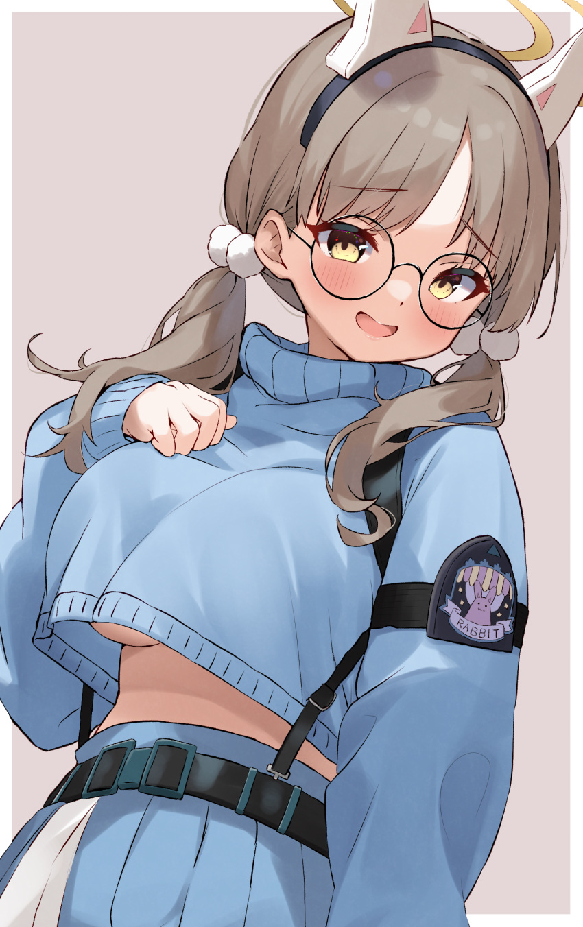 1girl animal_ears armband black_armband blue_archive blue_skirt blue_sweater blush border breasts brown_hair chest_harness commentary cropped_sweater fake_animal_ears glasses grey_background hair_ornament halo hand_on_breasts harness highres large_breasts long_sleeves looking_at_viewer low_twintails midriff moe_(blue_archive) open_mouth outside_border parted_bangs pleated_skirt pom_pom_(clothes) pom_pom_hair_ornament rabbit_ears round_eyewear sakura_rii simple_background skirt smile solo sweater twintails underboob upper_body white_border yellow_eyes yellow_halo