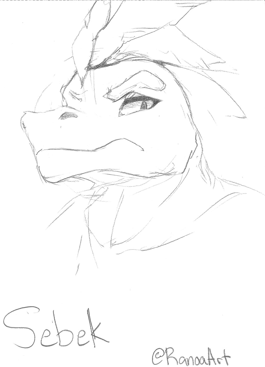 2023 absurd_res artist_name character_name dinosaur feather_hair feathers frowning_at_viewer graphite_(artwork) hi_res looking_at_viewer male pencil_(artwork) pseudo_hair ranoa02 reptile scalie sebek_(adarkpassenger) solo traditional_media_(artwork)