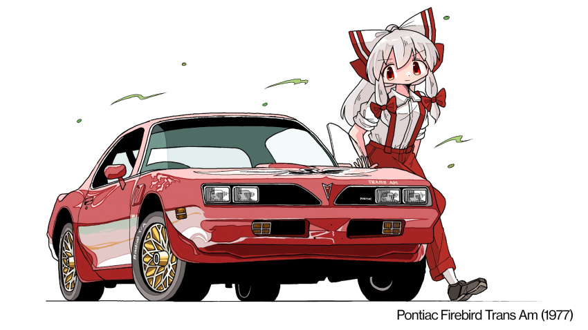 1girl baggy_pants black_footwear bow car collared_shirt fujiwara_no_mokou grey_hair hair_bow highres kasuya_baian long_hair looking_at_object motor_vehicle pants pontiac pontiac_firebird pontiac_firebird_trans_am red_bow red_car red_eyes red_pants shirt sidelocks sleeves_rolled_up socks solo suspenders touhou white_bow white_shirt white_socks