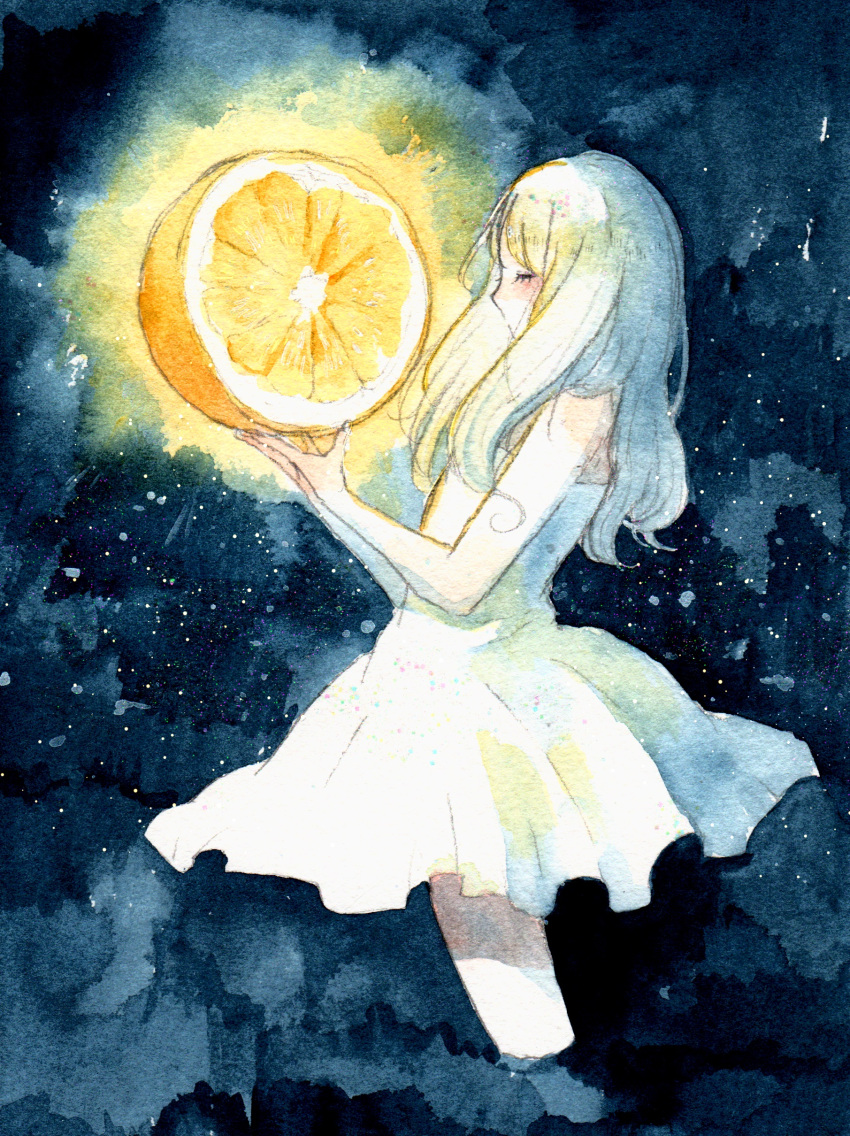 1girl absurdres bare_shoulders chiri_yo closed_eyes dress english_commentary food fruit glowing grapefruit grapefruit_slice highres holding holding_food holding_fruit long_hair night original oversized_food painting_(medium) sleeveless sleeveless_dress solo traditional_media watercolor_(medium) white_dress white_hair