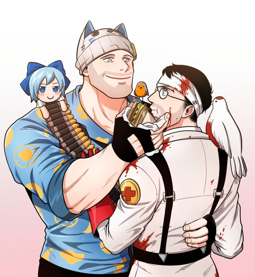 2boys animal_ear_headwear animal_ears animal_on_shoulder bara beard_stubble bird bird_on_shoulder blood blood_on_clothes blue_shirt cat_ears character_request cheek_bulge cirno couple creature creature_on_shoulder fake_animal_ears feeding forearms hand_up highres ina_zuma male_focus mature_male medic medic_(tf2) multiple_boys muscular muscular_male mustache_stubble on_shoulder pale_skin pigeon shirt short_hair sleeves_rolled_up smile suspenders team_fortress_2 touhou upper_body yaoi