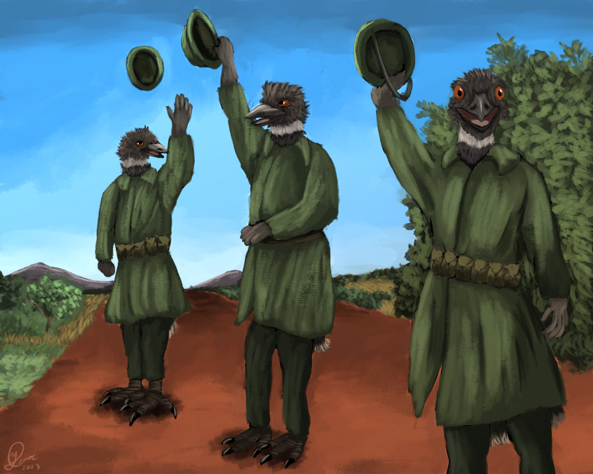 absurd_res anthro armor army_uniform australia avian bird birdtember blue_sky dirt_road emu great_emu_war group headgear helmet hi_res male mountain plant ratite shrub sky talons tree trio yenocwolf