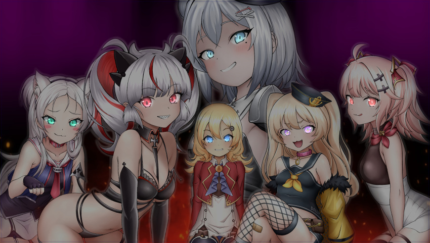 6+girls :3 abercrombie_(azur_lane) absurdres ahoge ascot axelsworks azur_lane bache_(azur_lane) bare_arms bare_shoulders beret blonde_hair blue_eyes breasts cleavage closed_mouth collar collarbone commentary_request covered_navel cross fingerless_gloves garter_straps gloves glowing glowing_eyes green_eyes grey_hair grin hair_ornament hairpin halterneck hat heart heart-shaped_pupils hero_(azur_lane) high-waist_skirt highres iron_cross jade_(azur_lane) licking_lips long_hair looking_at_viewer medium_hair mesugaki mole mole_under_eye multicolored_hair multiple_girls navel open_mouth otto_von_alvensleben_(azur_lane) pink_collar pink_hair purple_eyes red_eyes red_hair sharp_teeth short_hair sims_(azur_lane) skirt small_breasts smile stomach streaked_hair symbol-shaped_pupils teeth tongue tongue_out trait_connection twintails two_side_up white_hair white_skirt
