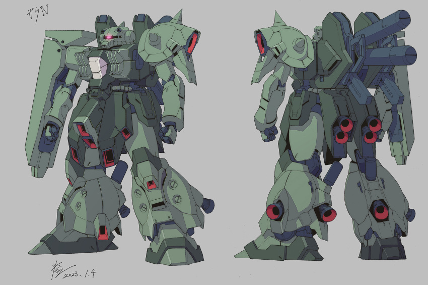 arms_at_sides clenched_hands commentary_request dated glowing glowing_eye grey_background gundam highres homare_(fool's_art) mecha mobile_suit moon_gundam multiple_views no_humans one-eyed red_eyes robot science_fiction shoulder_spikes simple_background spikes standing turnaround zaku_iv