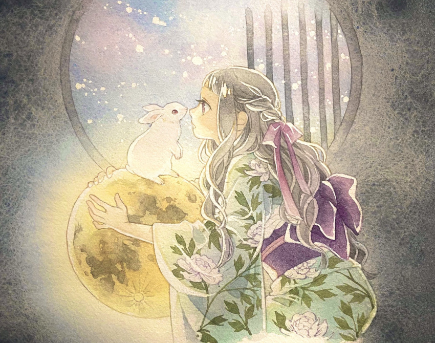 1girl braid from_side green_kimono grey_eyes grey_hair hair_ribbon highres japanese_clothes kimono long_hair moon obi original painting_(medium) print_kimono profile purple_ribbon rabbit ribbon sash solo traditional_media tsukimi watercolor_(medium) white_rabbit_(animal) window yufushi