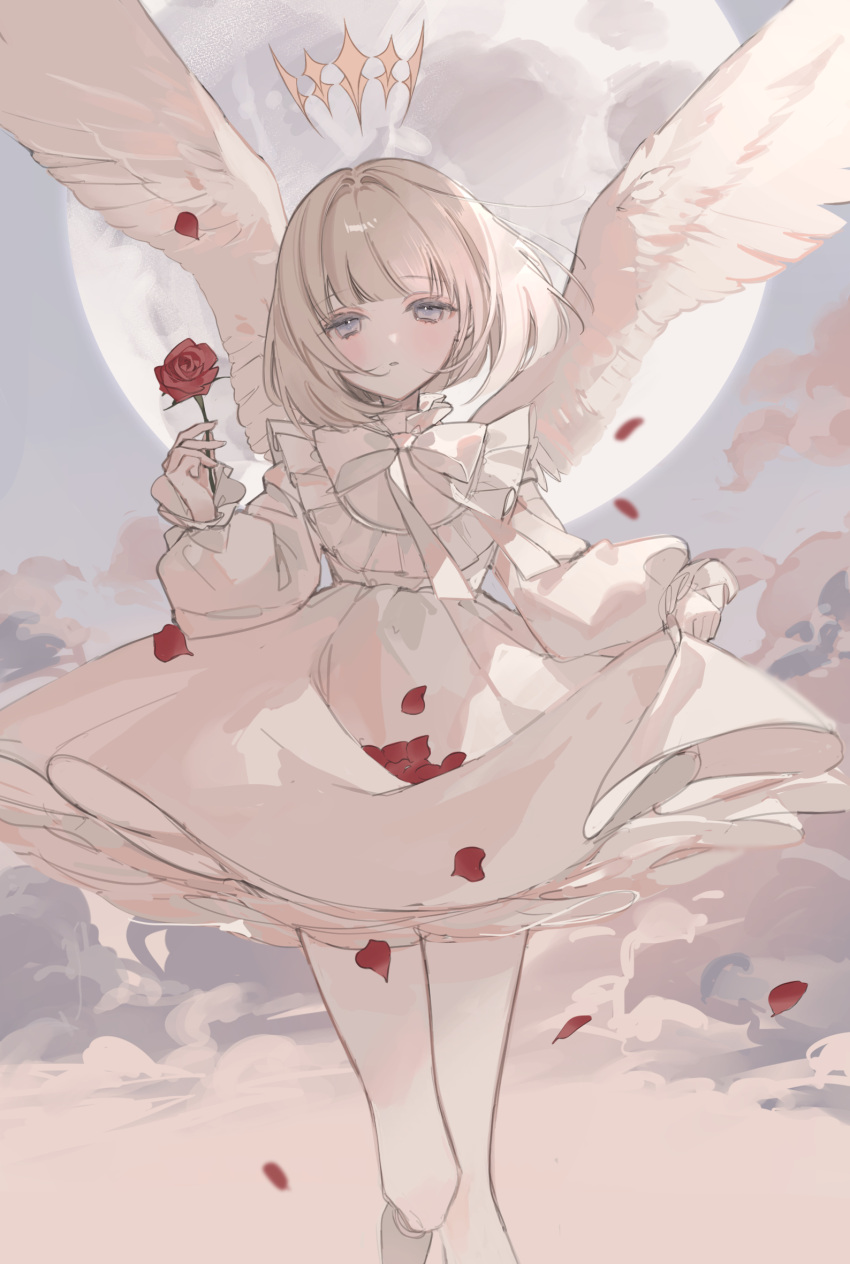 1girl angel_wings blonde_hair blue_eyes dress expressionless falling_petals feathered_wings flower flying full_moon halo highres holding holding_flower kyuumura long_sleeves looking_at_viewer moon original parted_lips petals petticoat puffy_long_sleeves puffy_sleeves red_flower red_rose rose short_hair sketch sky solo thighhighs white_dress white_thighhighs wings