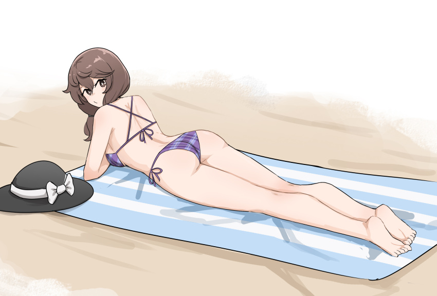 1girl :o ass beach bikini breasts brown_hair hat hat_removed headwear_removed highres low_twintails mata_(matasoup) medium_breasts short_hair solo swimsuit touhou twintails usami_sumireko