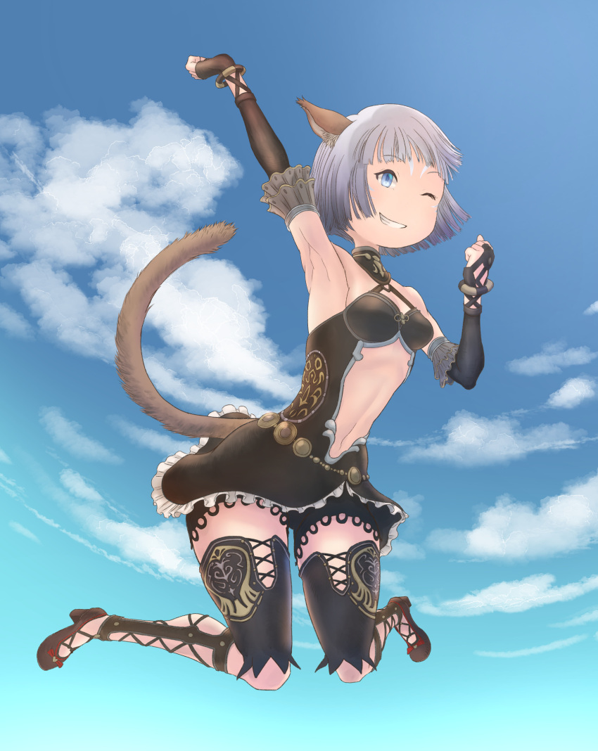 1girl animal_ears arm_up armpits avatar_(ff11) black_bridal_gauntlets black_dress black_shorts blue_eyes blue_sky bracelet breasts bridal_gauntlets brown_footwear brown_tail cactus41747280 cat_ears cat_girl cat_tail cleavage clothing_cutout cloud cross-laced_clothes dancer_(final_fantasy) day dress final_fantasy final_fantasy_xi frilled_dress frills grey_hair grin halter_dress halterneck heart highres jewelry medium_breasts mithra_(ff11) navel_cutout no_eyebrows no_nose one_eye_closed shoes short_dress short_hair shorts shorts_under_dress sky smile solo tail tail_raised teeth